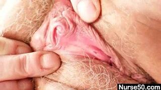 Grandma in uniform spreads blond hairy pussy - porn video