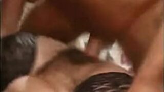 Four cocks and a hairy cunt - porn video